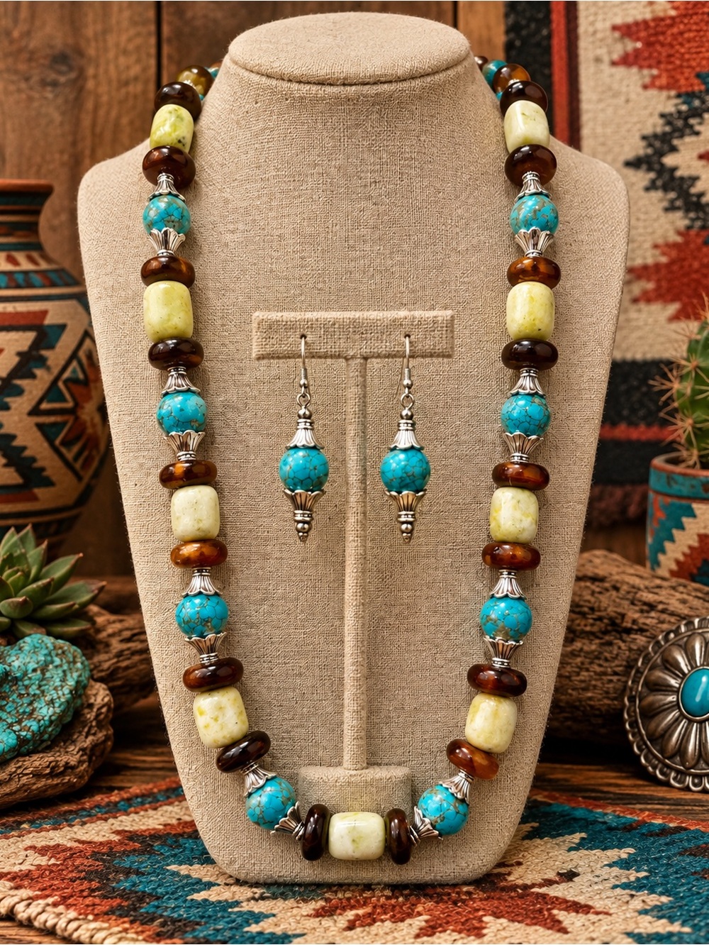 Artisan Howlite, Olive Jade & Horn Beaded Silver Tone Necklace & Earrings 🧁